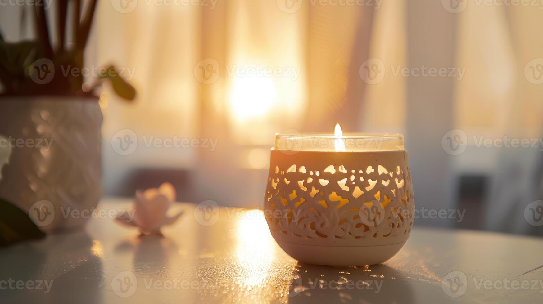 White candle glowing on table with sunset light in background, creating cozy atmosphere photo