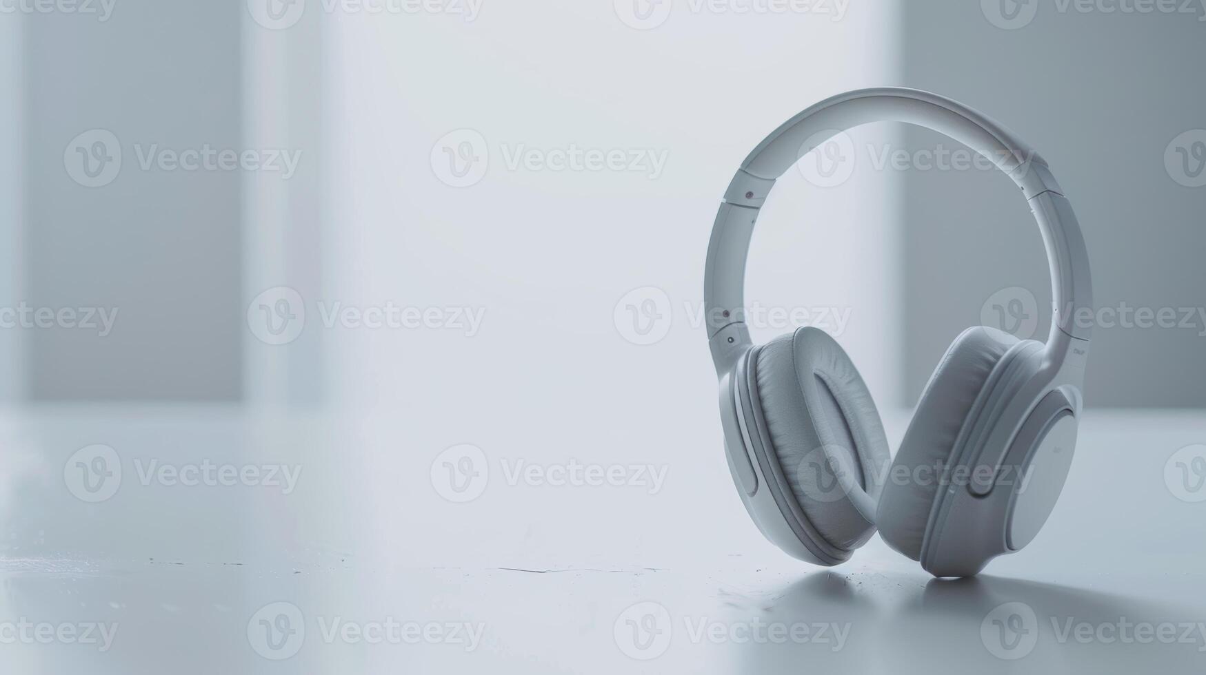 Contemporary wireless headphones with noise cancellation on white desk in well-lit interior photo