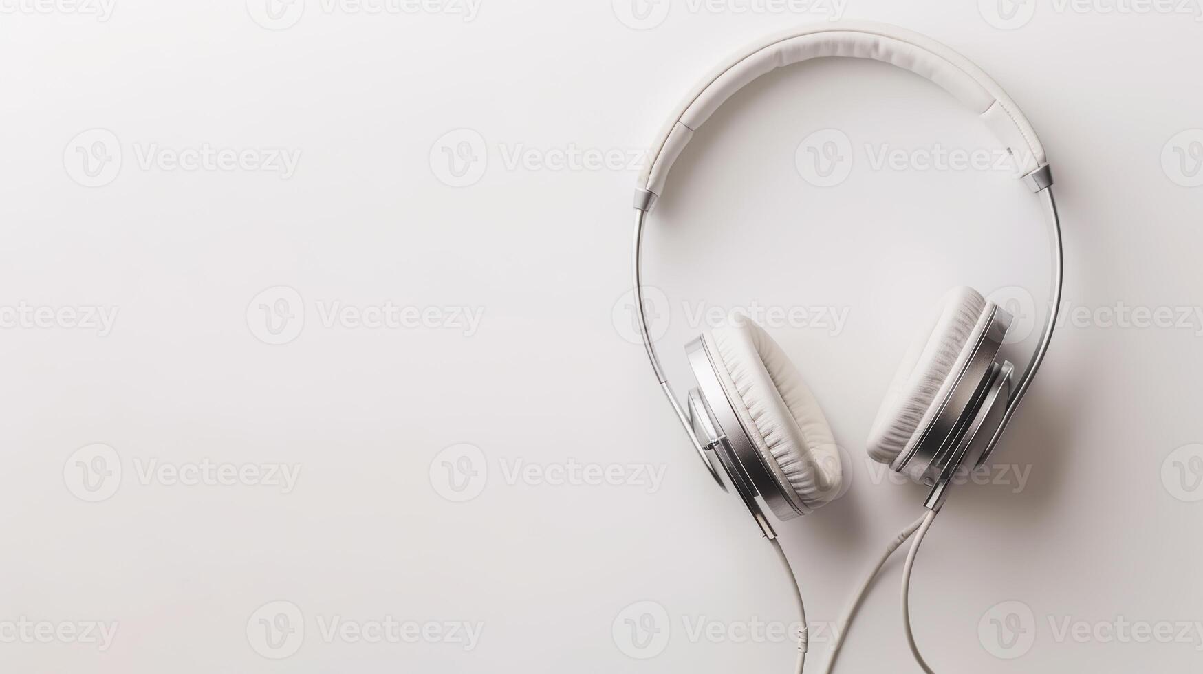 White and silver headphones resting on a clean surface, embodying minimalistic style photo
