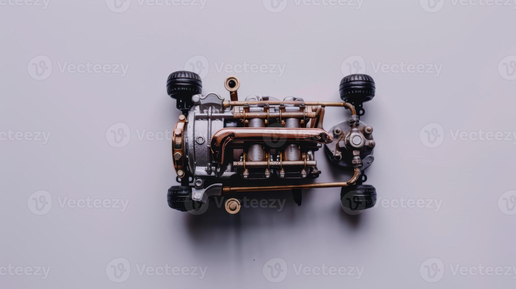 Miniature model engine sits on a white surface, its intricate gears and pipes exposed. photo