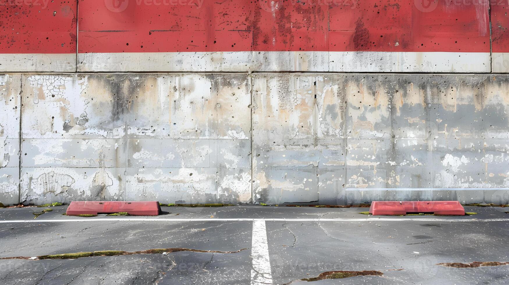 Parking lot with peeling concrete wall paint and two red barriers in front of it. Minimalist photography photo