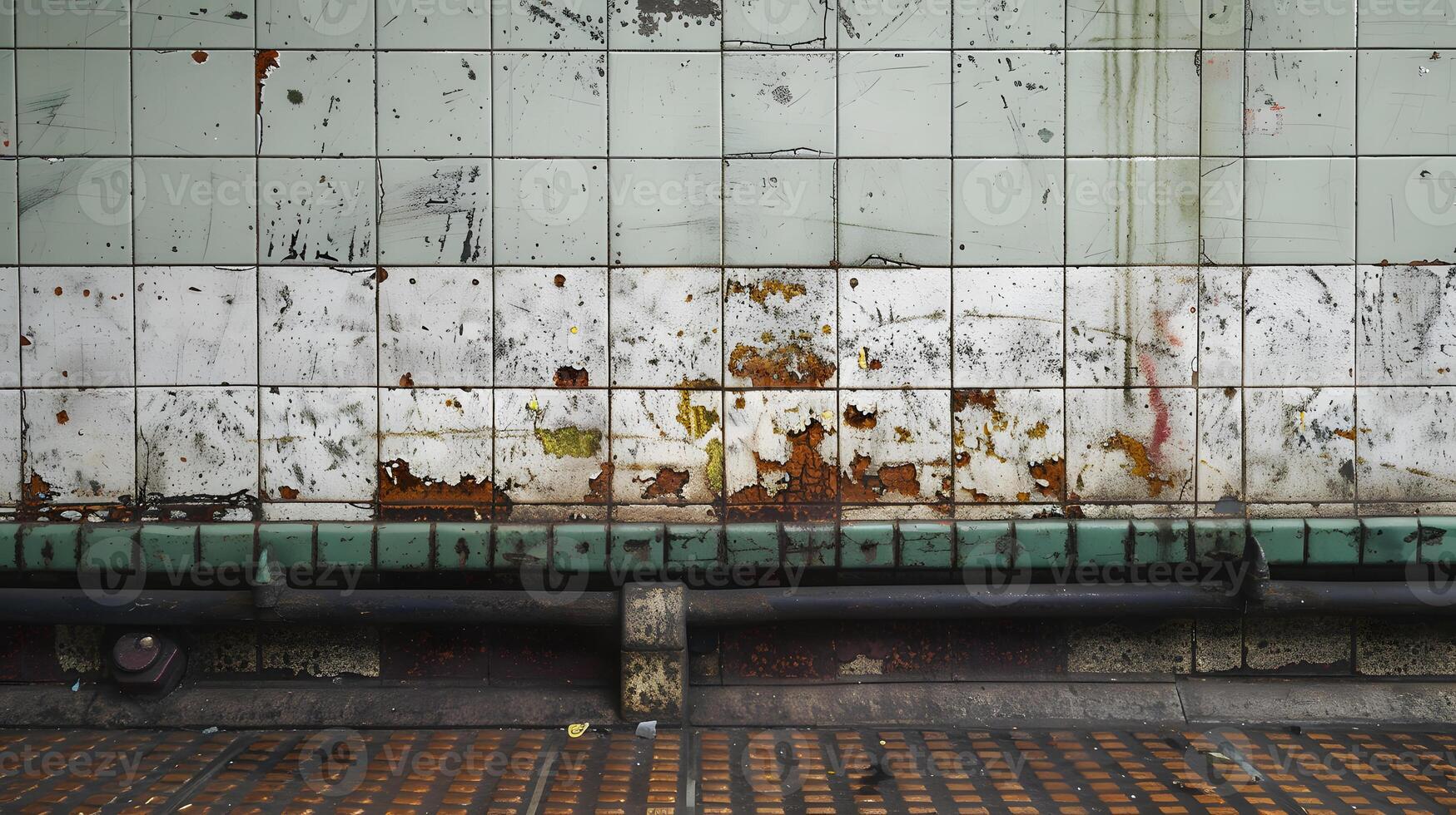A rusted pipe sits on the ground in front of a wall with green and white tiles. Minimalist photography photo