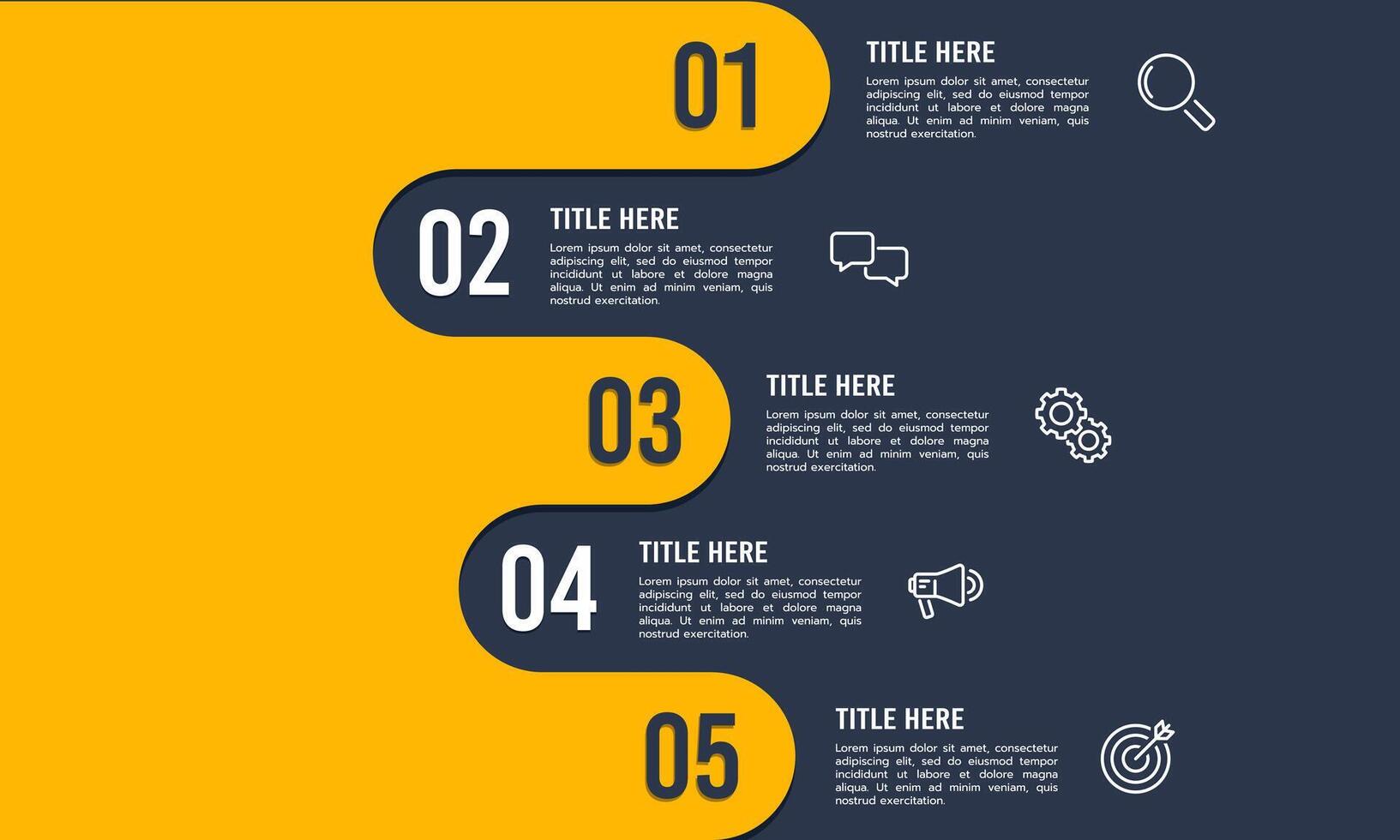 Infographic 5 steps or options to success on yellow and black background. Milestone, roadmap, timeline, planning and business presentation. vector