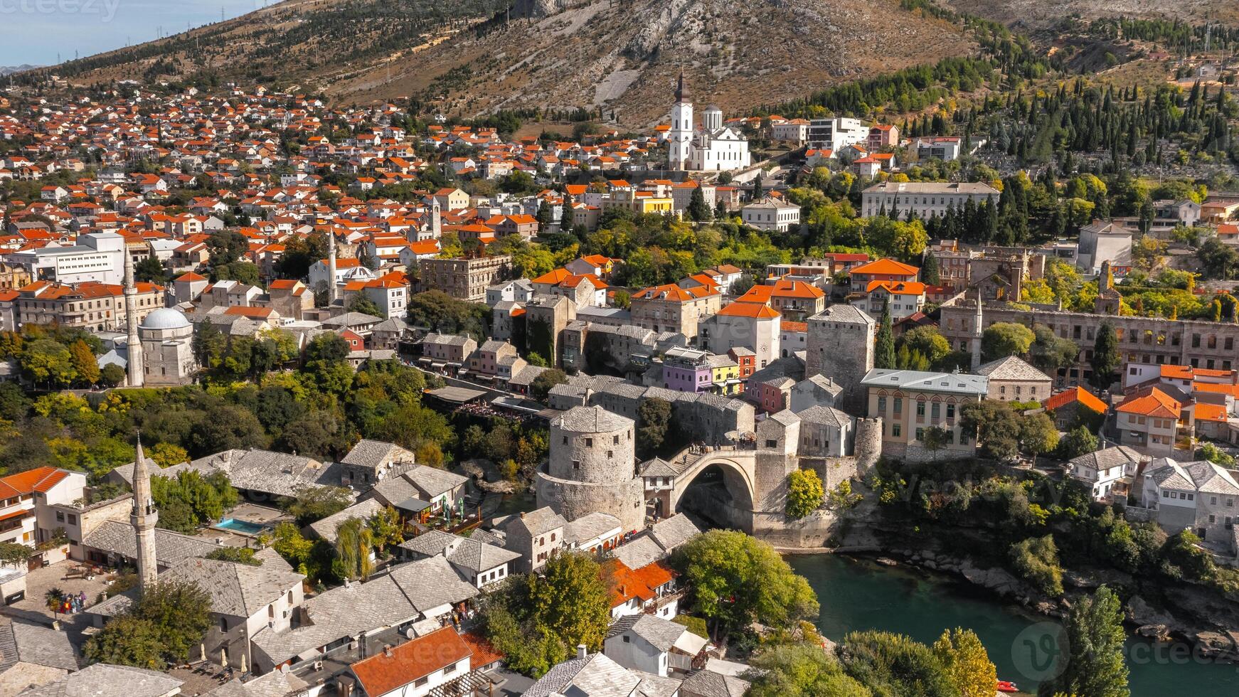Aerial view of Mostar and its attractions photo