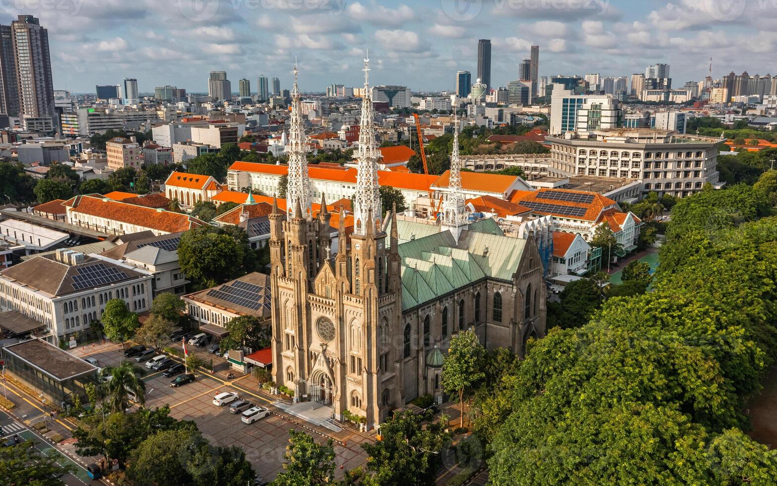 Aerial view of Jakarta Cathedral. It is located in Central Jakarta near Merdeka Square photo