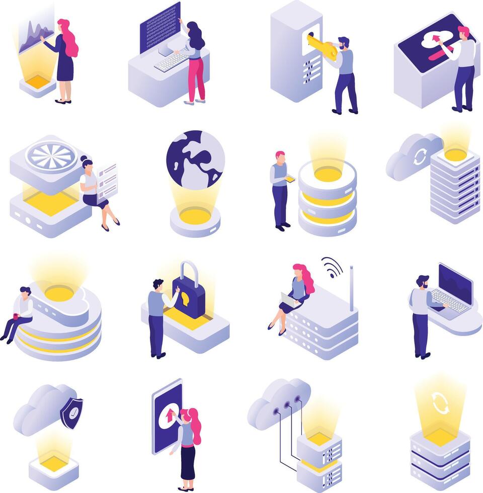 Isometric data storage and storage isometric icons set illustration vector