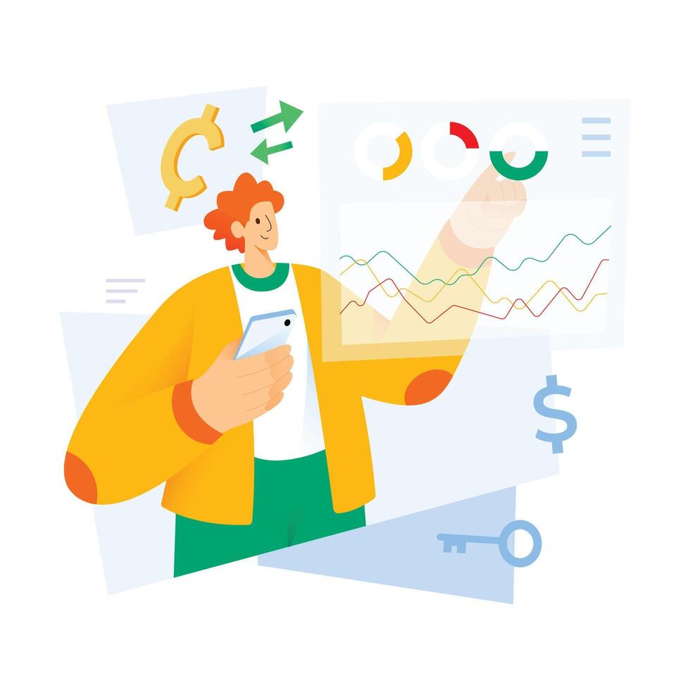 A man holding a phone and looking at a chart vector