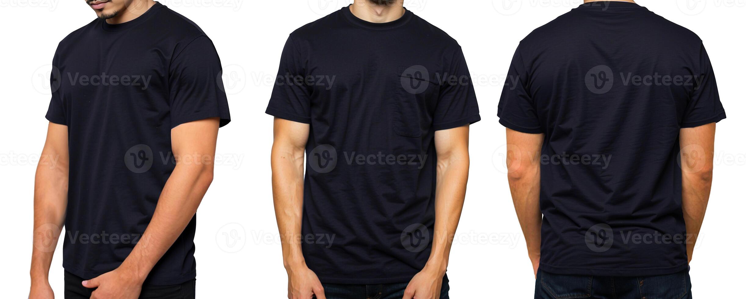 Minimalist Black T-Shirt - Male Model Posing from Various Angles, Black T-Shirt Mockup - Front, Side, and Back View photo