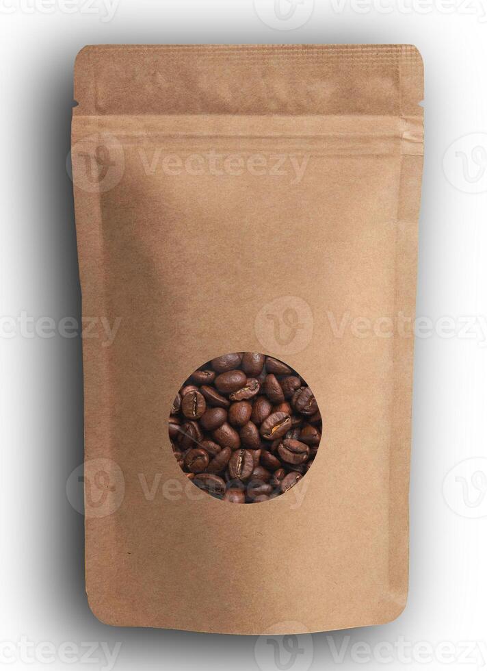 Blank brown Kraft paper bag with coffee beans in transparent window on white background. Packaging template mockup collection with clipping path photo