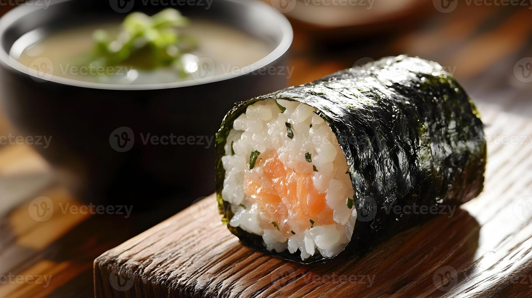 A close-up of a delicate rice ball wrapped in seaweed, filled with salmon or tuna, resting on a wooden board beside a small bowl of miso soup photo