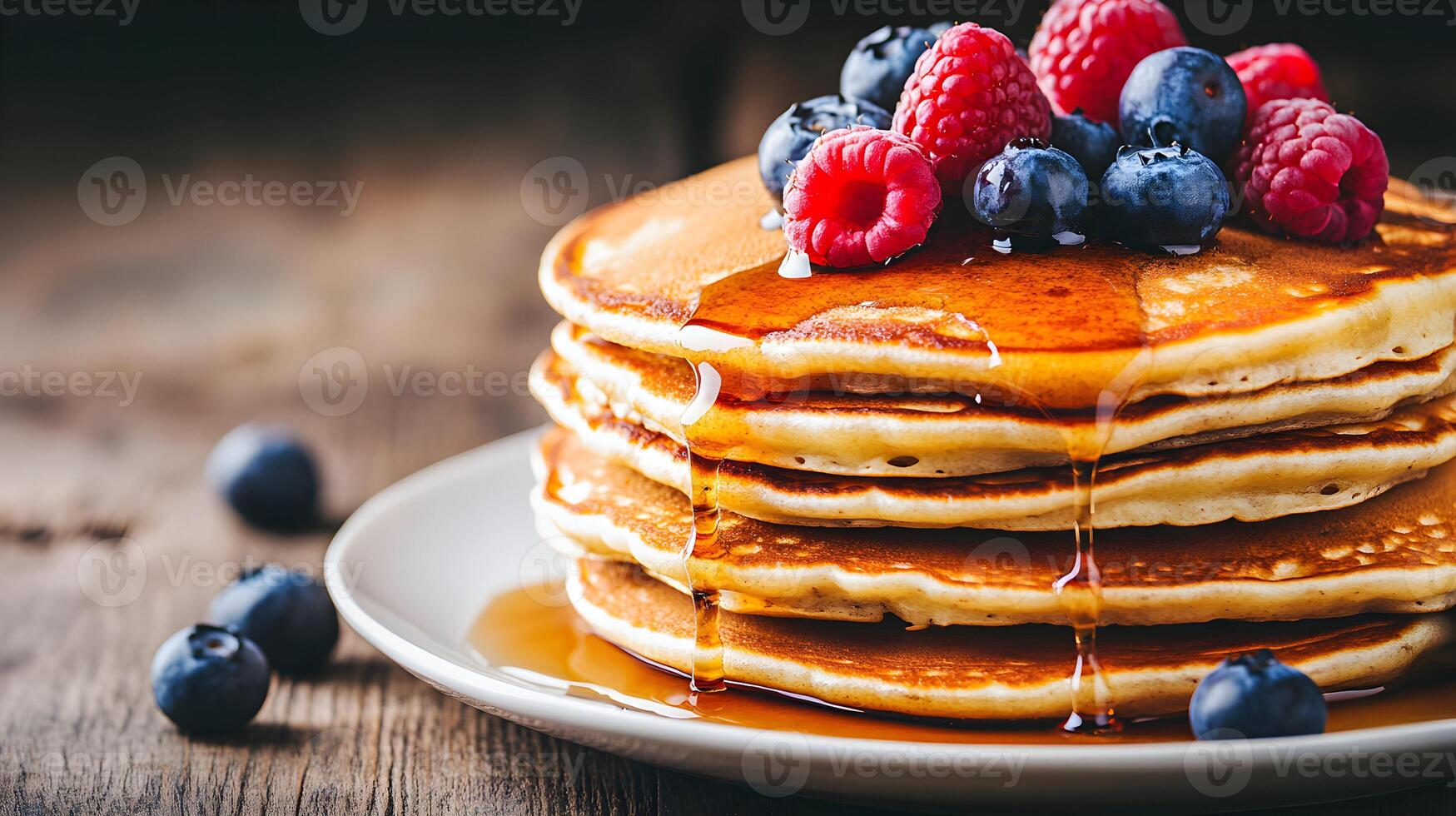 Close-up of a stack of golden-brown pancakes drenched in maple syrup, topped with fresh blueberries and raspberries, with a rustic wooden background photo