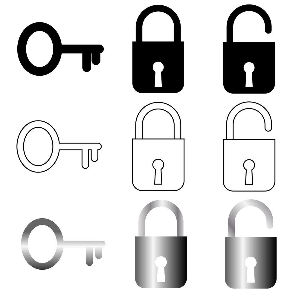 Set of padlocks or locks and key in silhouette, white with black outline and a gradient fill isolated on a white background vector