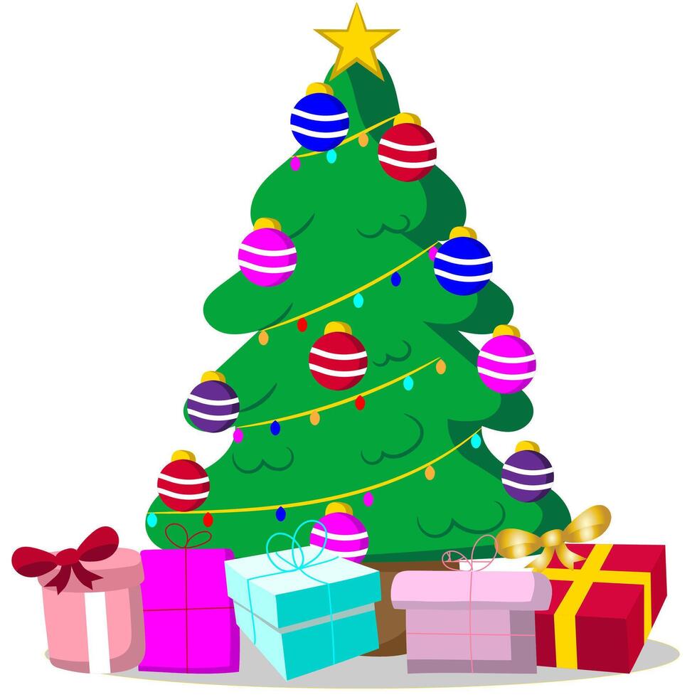Christmas tree cartoon graphic with bauble's, lights and presents or gifts isolated on a white background vector