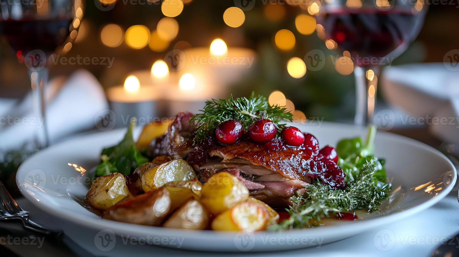 A gourmet serving of duck confit with cranberry sauce, roasted potatoes, and greens, presented elegantly on a white plate with wine glasses and candles photo