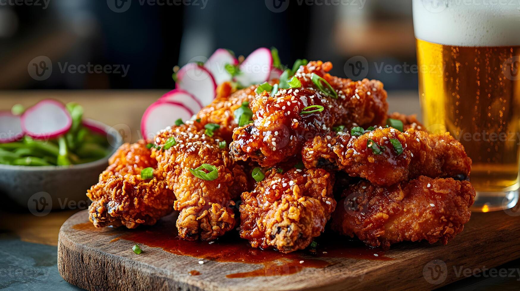 A rustic presentation of Korean fried chicken, crispy and golden, placed on a wooden board with spicy sauce drizzling over, accompanied by beer and pickled radishes photo