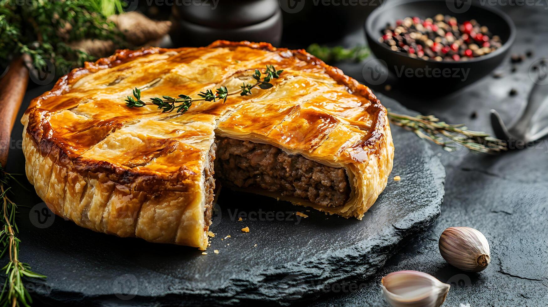 A hearty tourti re pie with flaky golden crust, sliced open to reveal layers of seasoned meat filling, placed on a stone slab with rustic tableware photo
