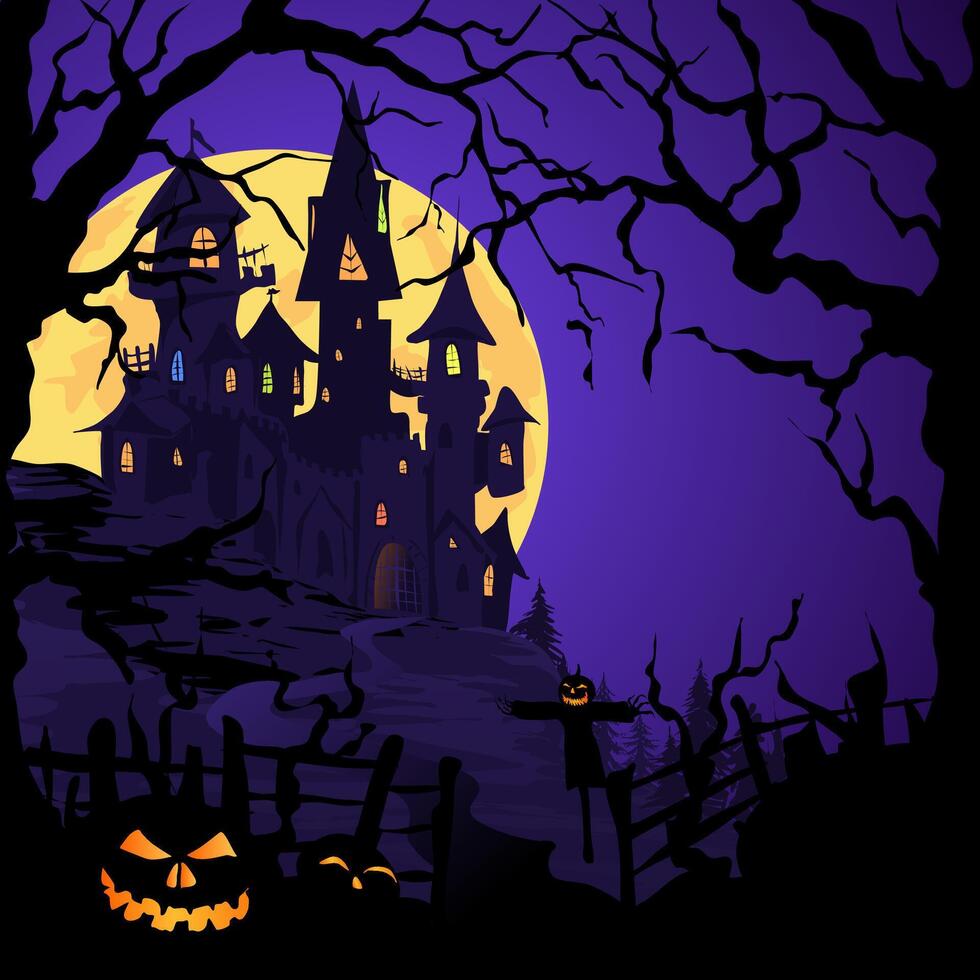 Image Gradient Halloween background with jack lantern pumpkins and bats. illustration night landscape with a huge moon and a castle with bats. in the foreground are evil pumpkins under vector