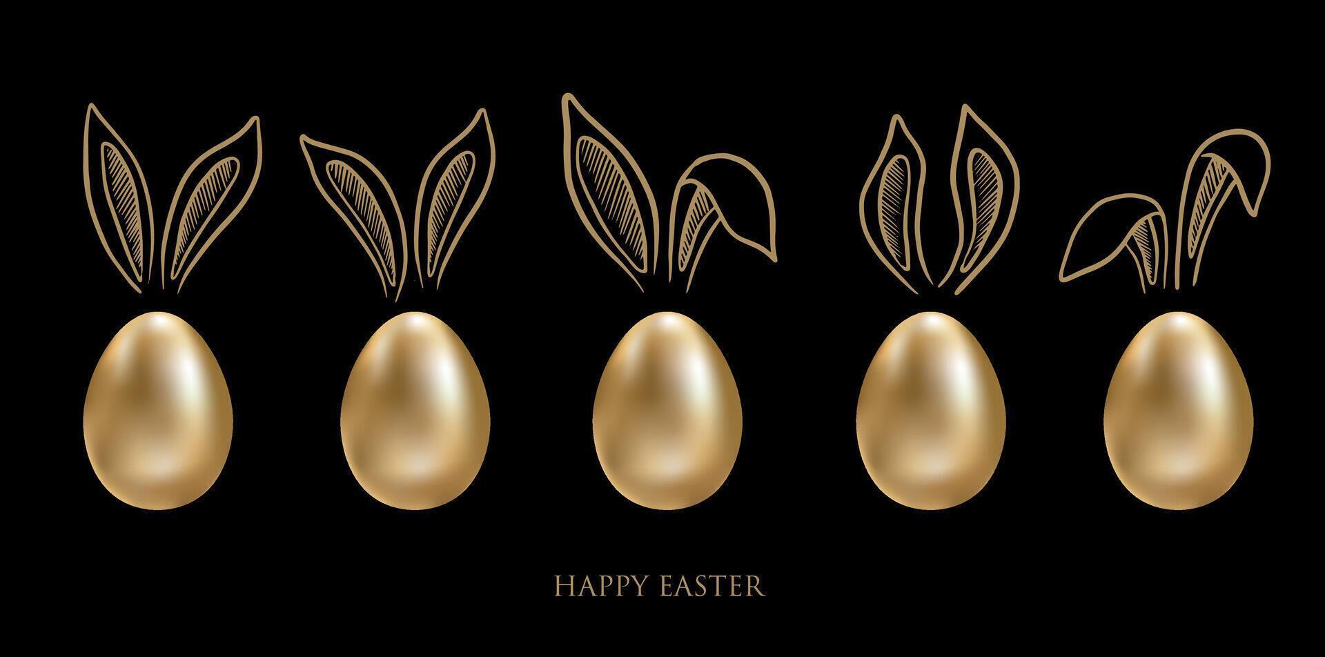 Happy Easter. Set of rabbits's ears. Gold eggs. Hand drawn illustration. vector