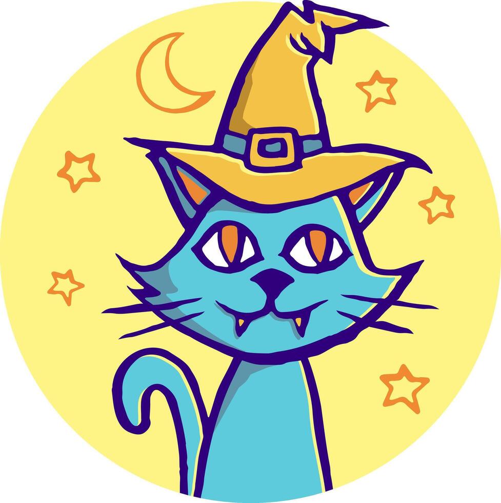 Cat with pointy witch art. Hand drawn illustration, Wiccan familiar spirit, halloween or pagan witchcraft theme tapestry print design illustration. vector