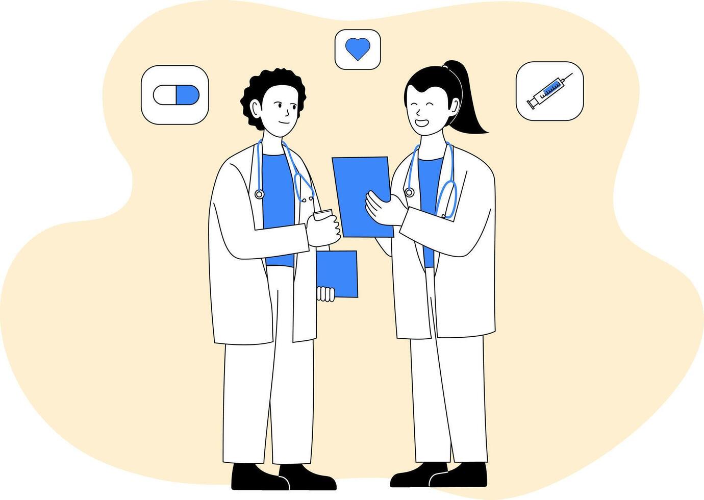 Doctor wear uniform talking together about patient health with medicine heart and syringe. flat design graphic blue and white. vector