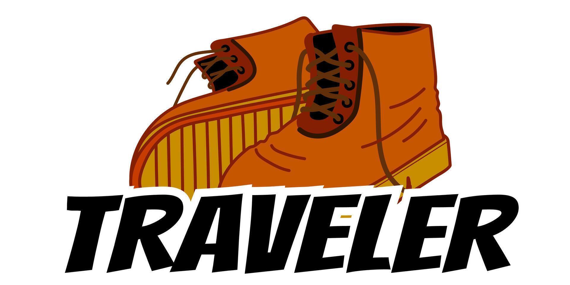 old leather boots with traveler word on white background, no people. vector