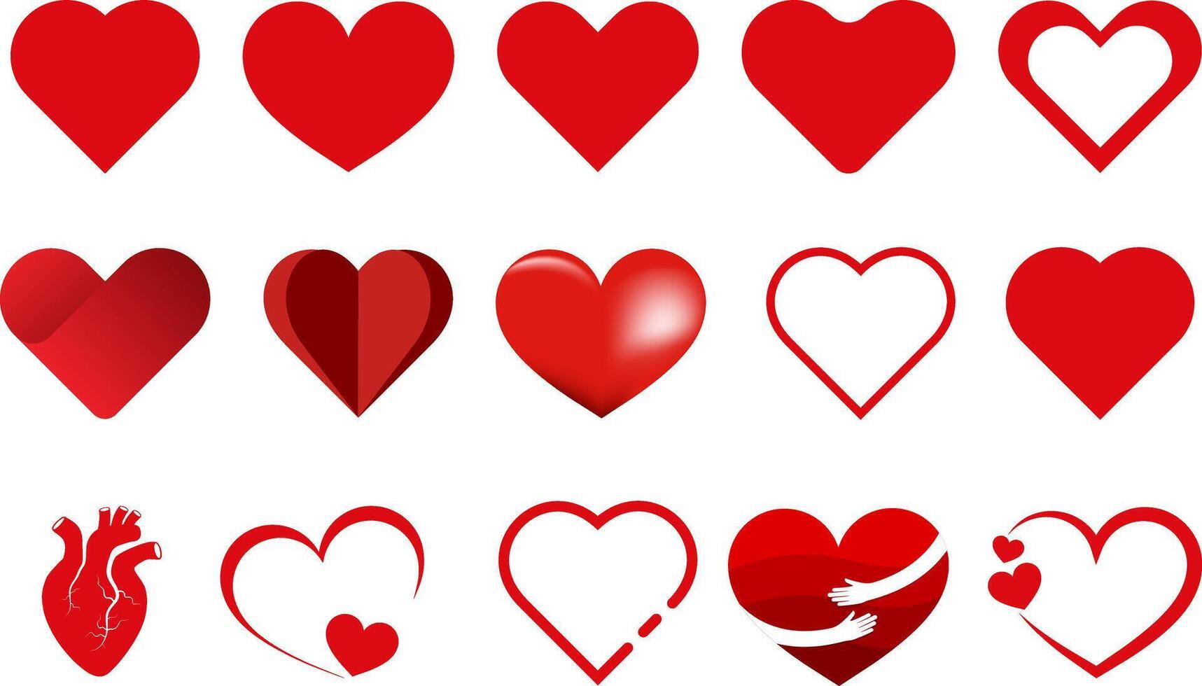 set red shape heart icon, collection of outline, paper, gradient, hand care, and human heart shape, Love symbols, heart shape collection. vector