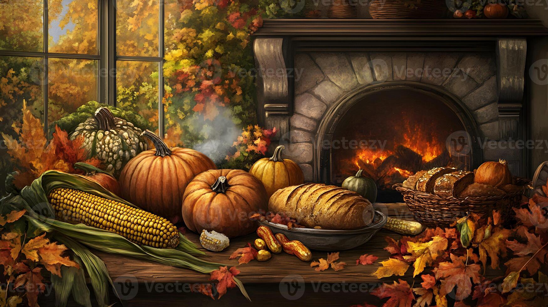 A vibrant harvest scene featuring pumpkins, squash, corn, and freshly baked bread on a rustic table, surrounded by autumn leaves and a cozy fireplace photo