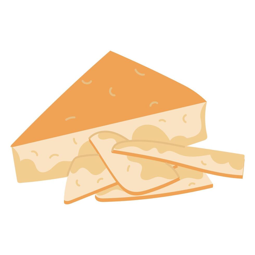 triangular piece parmesan cheese in a group with thin slices. slice of triangular cheese is one whole. Hard, delicious cheese. isolated item of dairy product. illustration highlighted on white vector