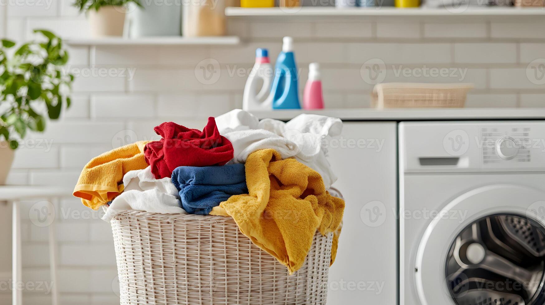 A pile of unwashed clothes spilling out of a basket near a white washing machine, with detergent bottles and laundry tools neatly organized on a shelf above photo