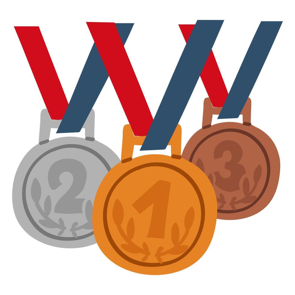 group of gold, silver and bronze medals for the first, second and third places, round metal medals suspended on blue and red ribbons stand behind each other. flat graphic design, illustrations vector
