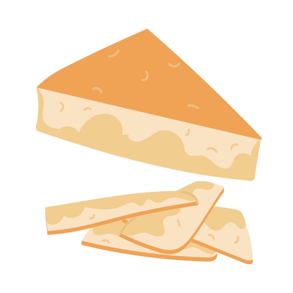 A triangular piece of parmesan cheese with thin slices. A slice of triangular cheese is one whole. Hard, delicious cheese. An isolated item of dairy product. illustration highlighted on a white vector