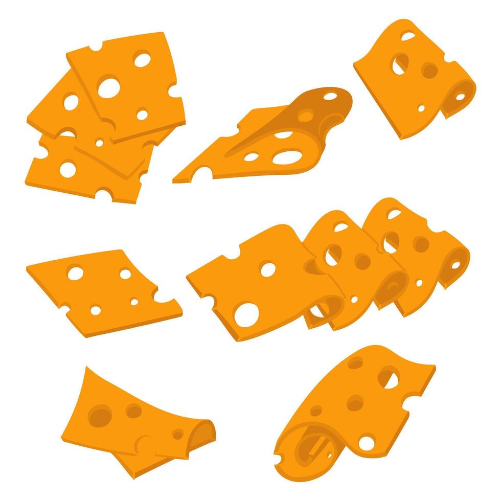 set of various thinly sliced slices of yellow cheese with holes. flat illustration of cheeses in different positions, groups and isolated slices, a modern collection of pieces of dairy products vector