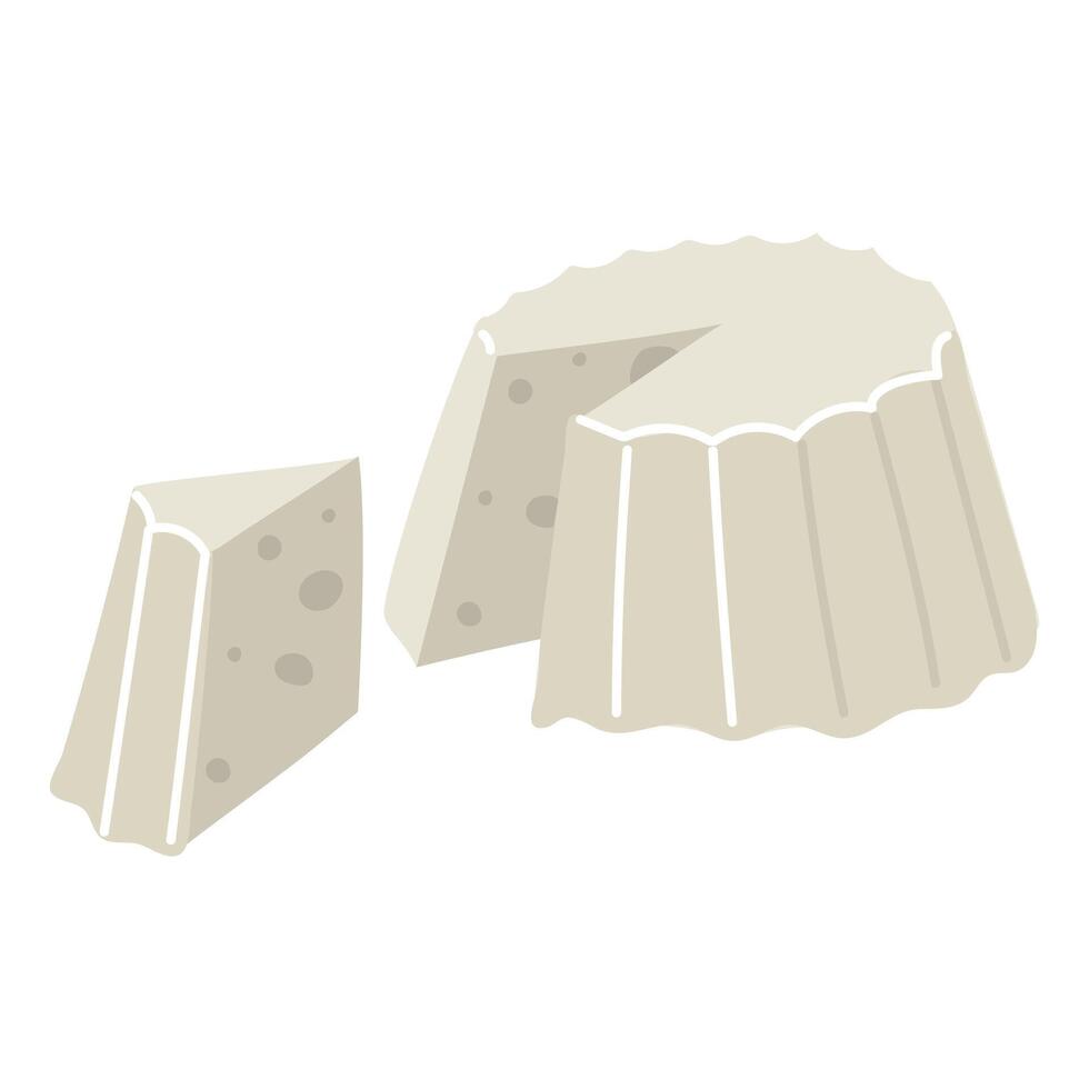 Molded Ricotta cheese in a flat style. A cut triangle from a whole piece. Illustration of a dairy product, light cheese isolated on a white background. One large whole pressed product for sale vector