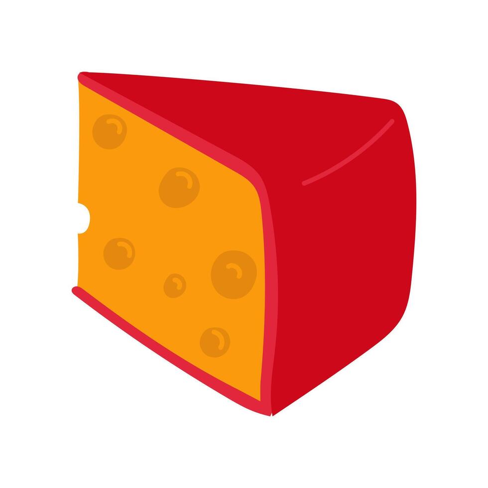 A piece of cheese in red wax in a flat style is voluminous. illustration of the triangular shape of a dairy product. An isolated product on a white background. Cute simple print drawn sideways vector