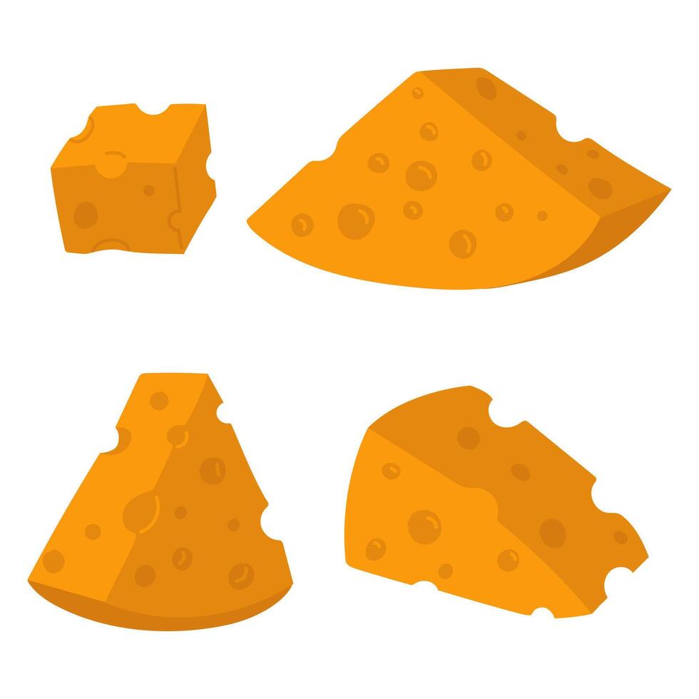 A set of various triangular slices of yellow cheese with holes. A flat illustration of cheeses in different positions, isolated slices, a modern collection of pieces of dairy products. vector