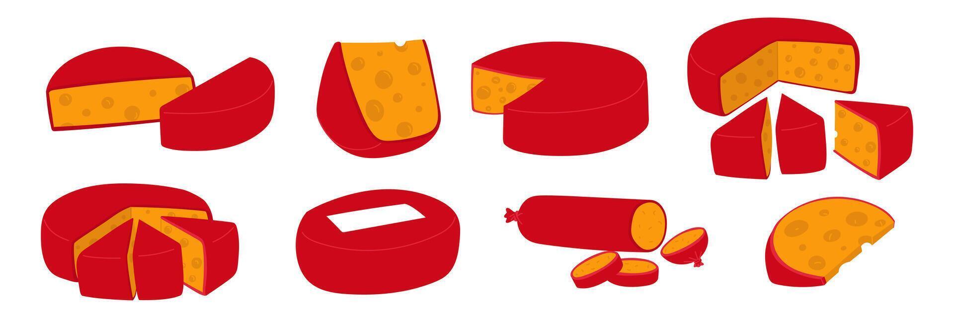 set of various triangular, round slices of yellow cheese with holes in red wax. flat illustration of cheeses in different positions, slicing, isolated, modern collection of pieces of dairy products vector