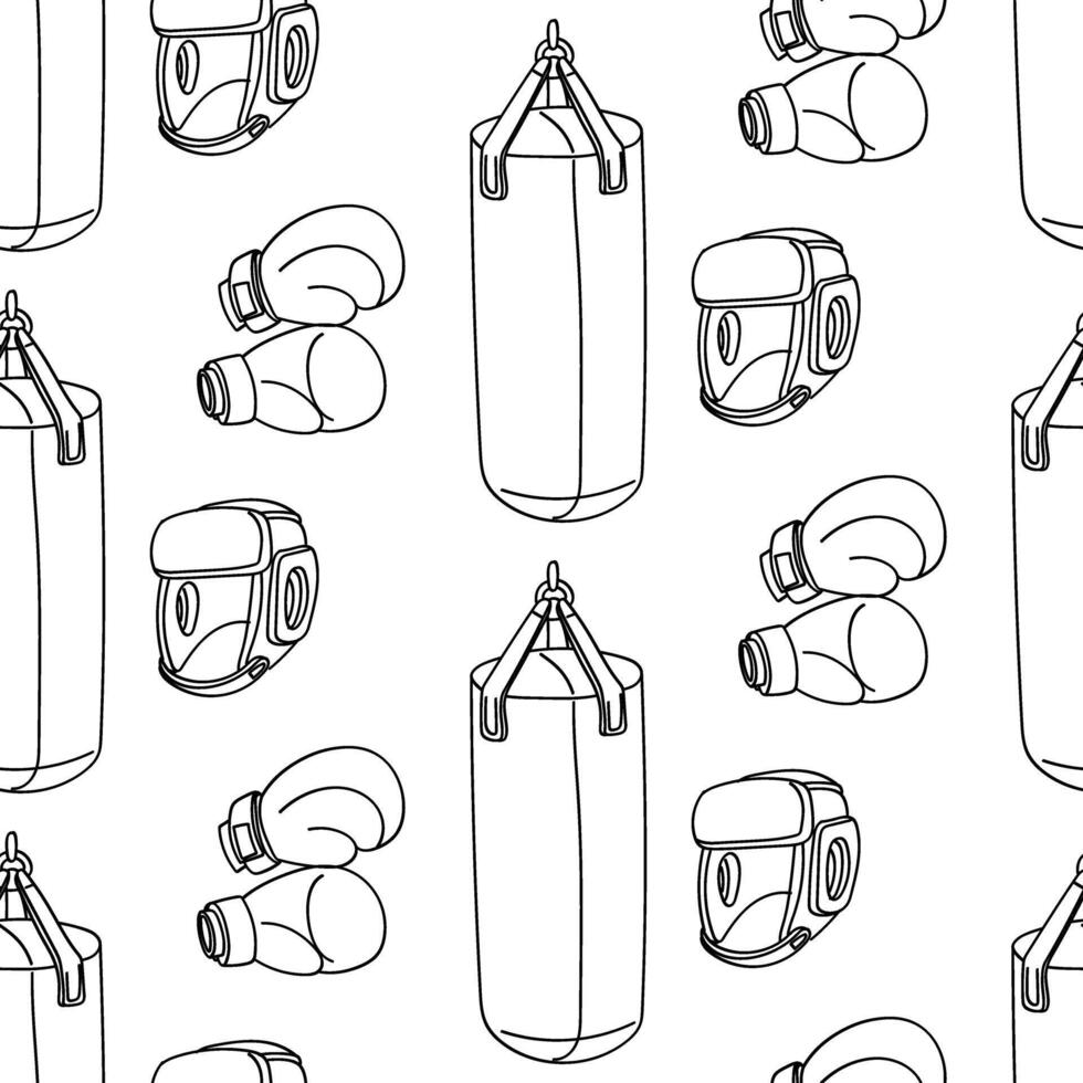 contour pattern of boxing accessories for training. Boxing gloves, helmet, punching bag. The texture of sporting goods in black and white colors. Contoured seamless texture. Contrasting monochrome vector