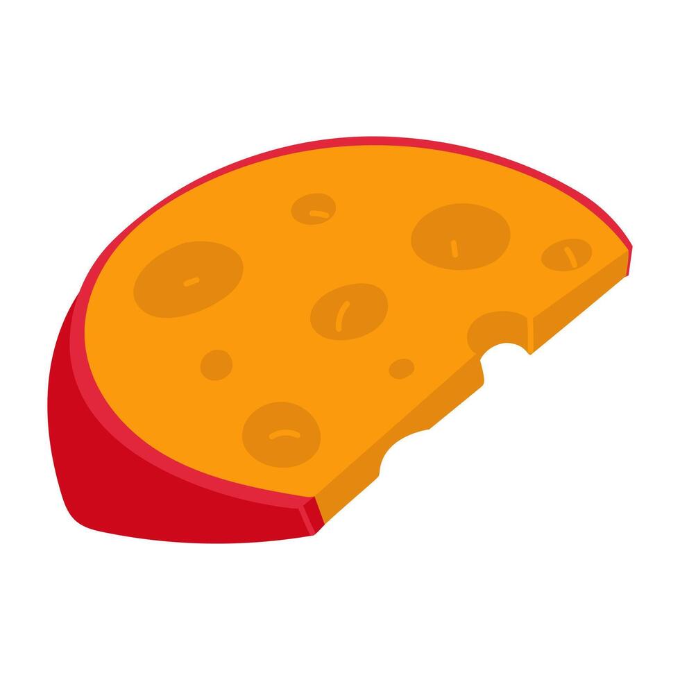 piece of cheese in red wax in a flat style stands on its side. illustration of a part of a dairy product with pores. An isolated product on a white background. Print painted lying sideways vector