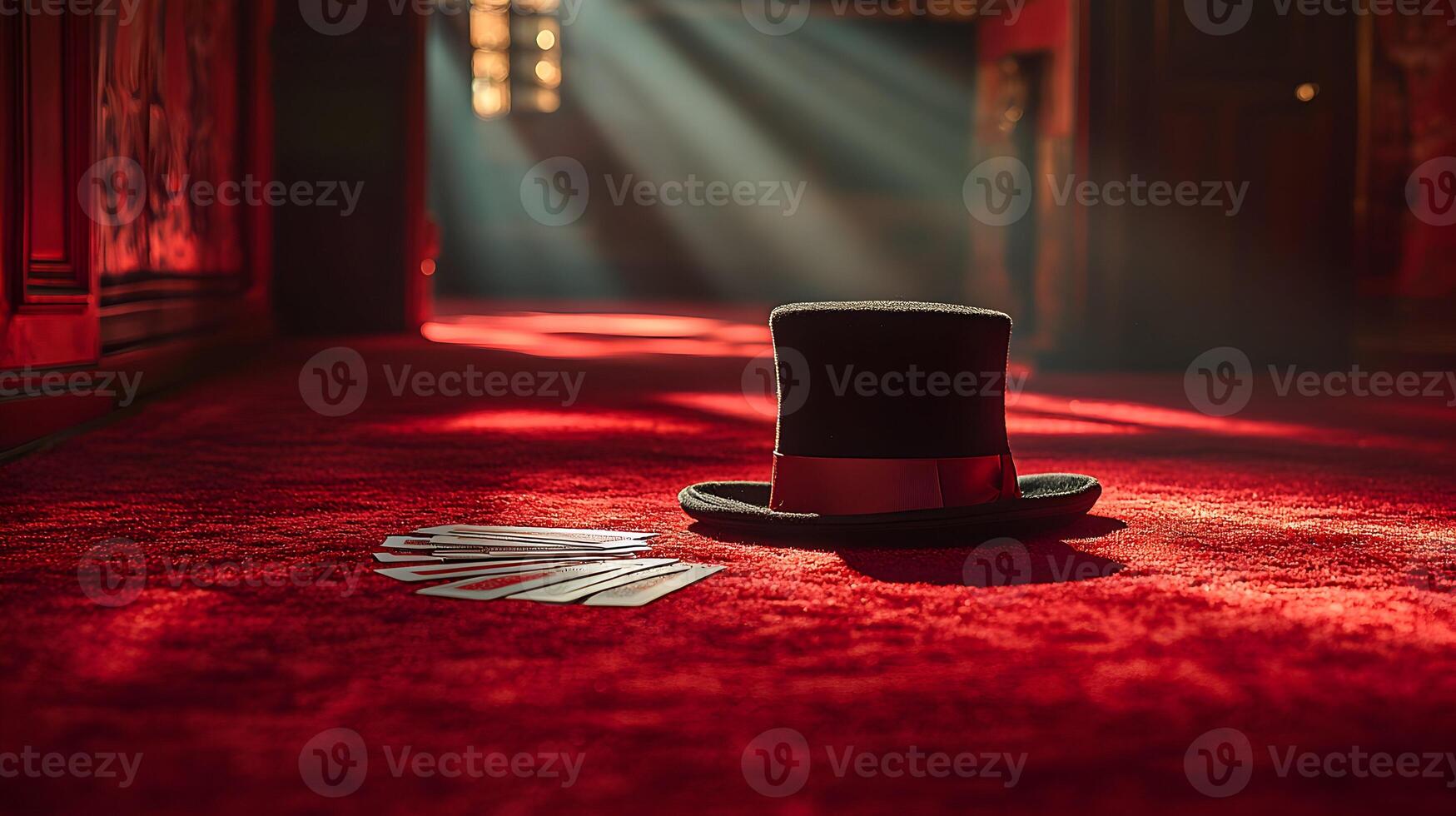 A hat sits on the floor in front of a red carpet photo