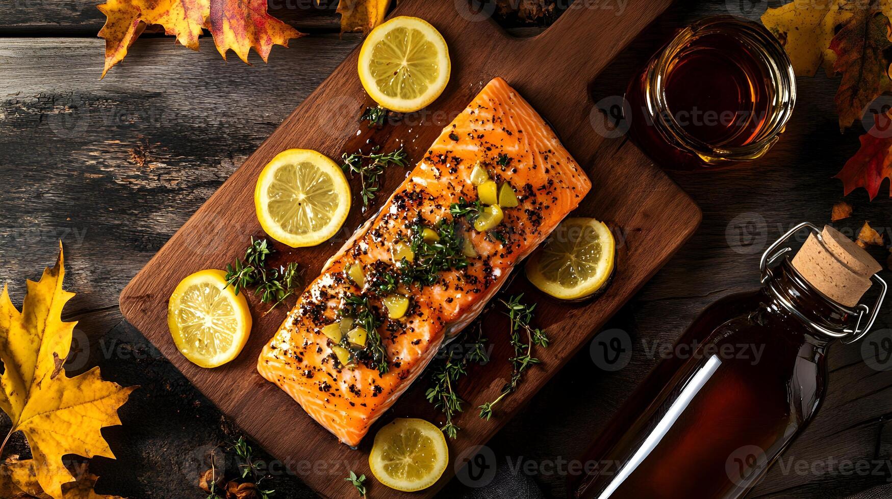 An overhead shot of fresh Atlantic salmon fillets topped with herbs and lemon slices on a wooden cutting board surrounded by maple leaves and a bottle of maple syrup photo
