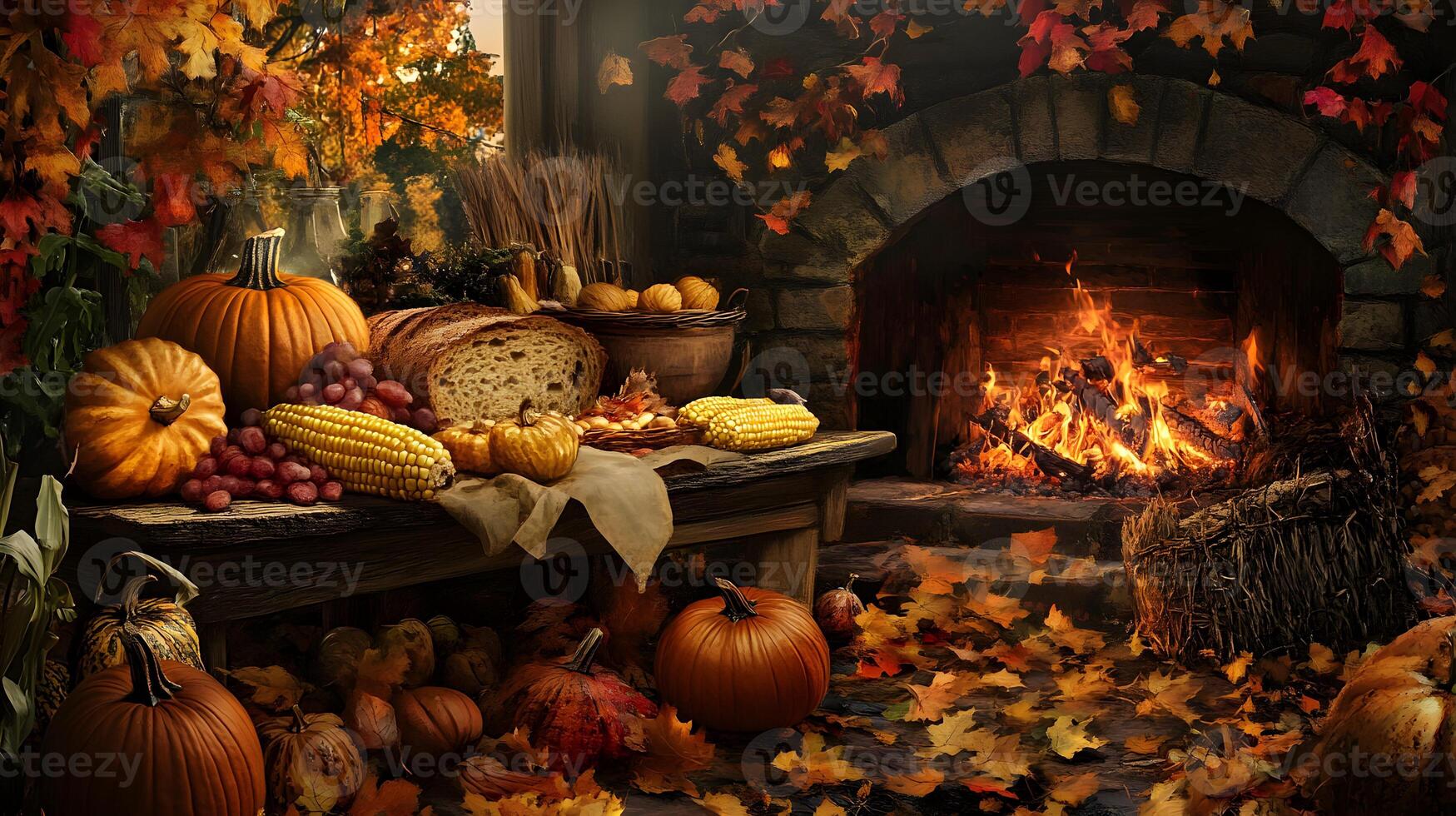 A vibrant harvest scene featuring pumpkins, squash, corn, and freshly baked bread on a rustic table, surrounded by autumn leaves and a cozy fireplace photo