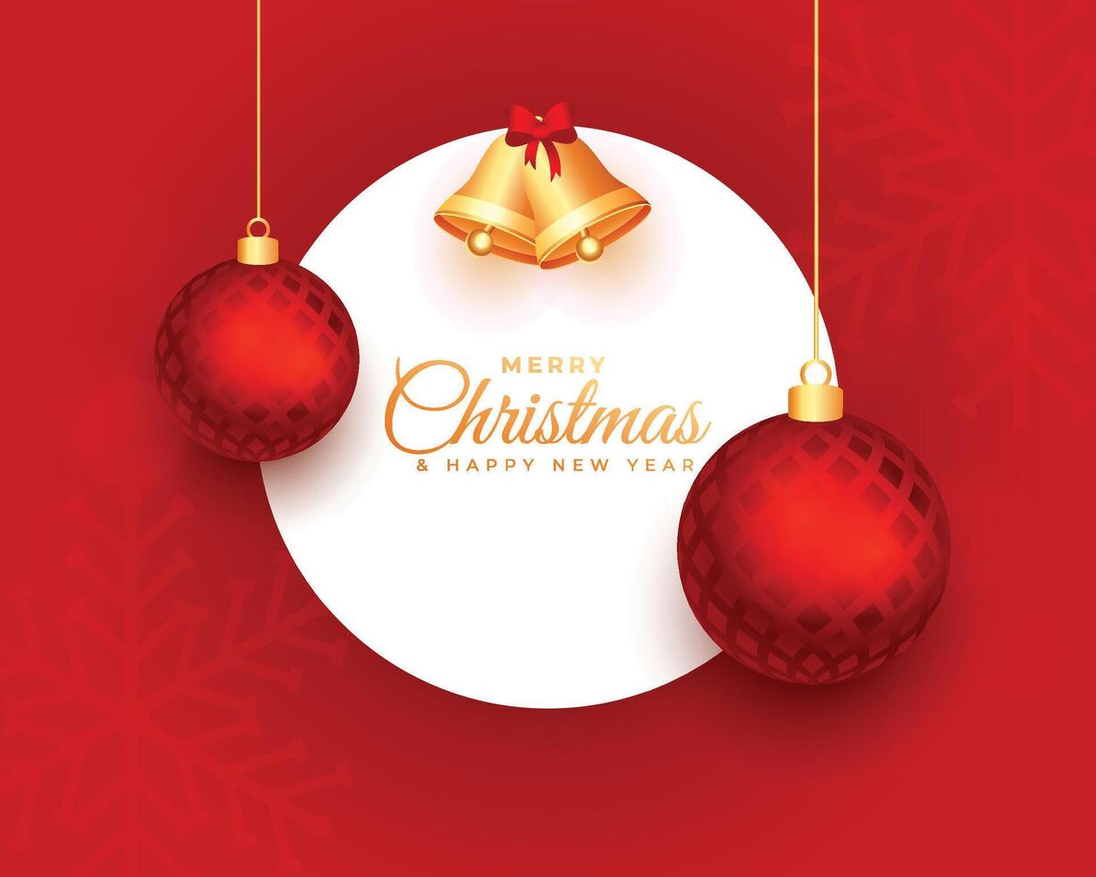 Beautiful christmas balls and bell snowflakes red greeting background vector