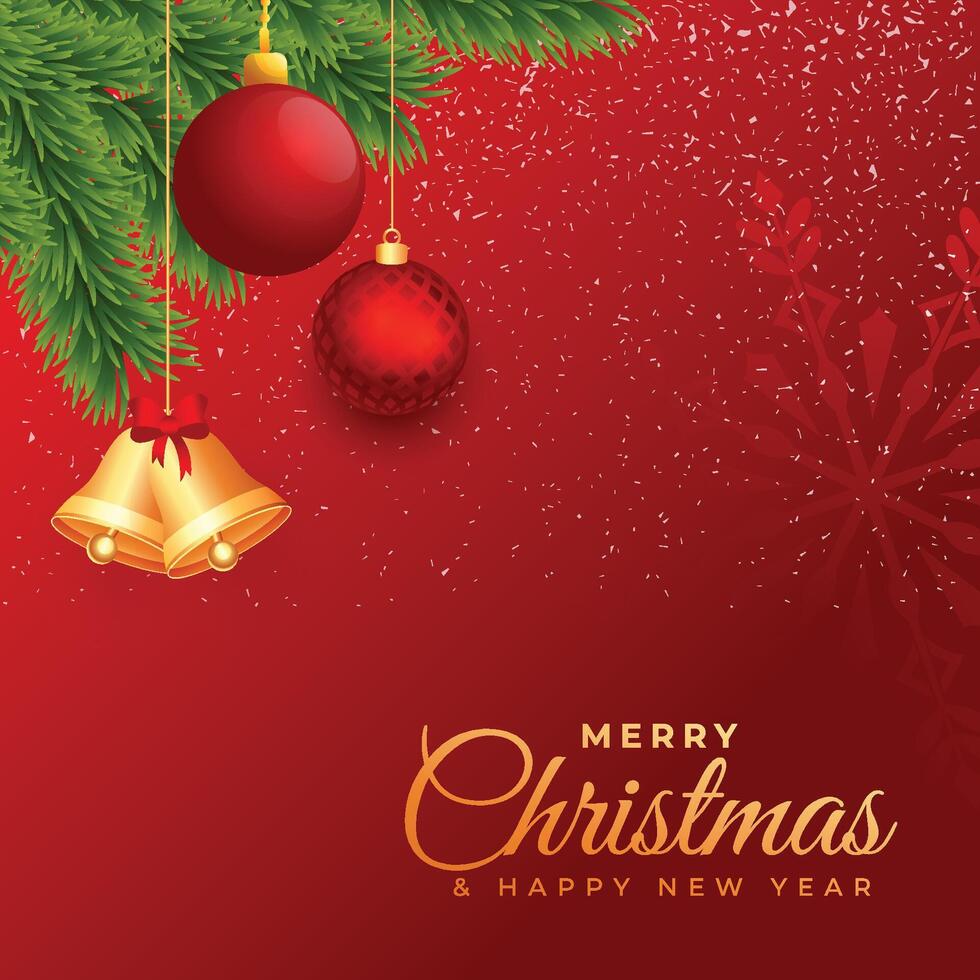 Beautiful christmas balls and bell snowflakes red greeting background vector
