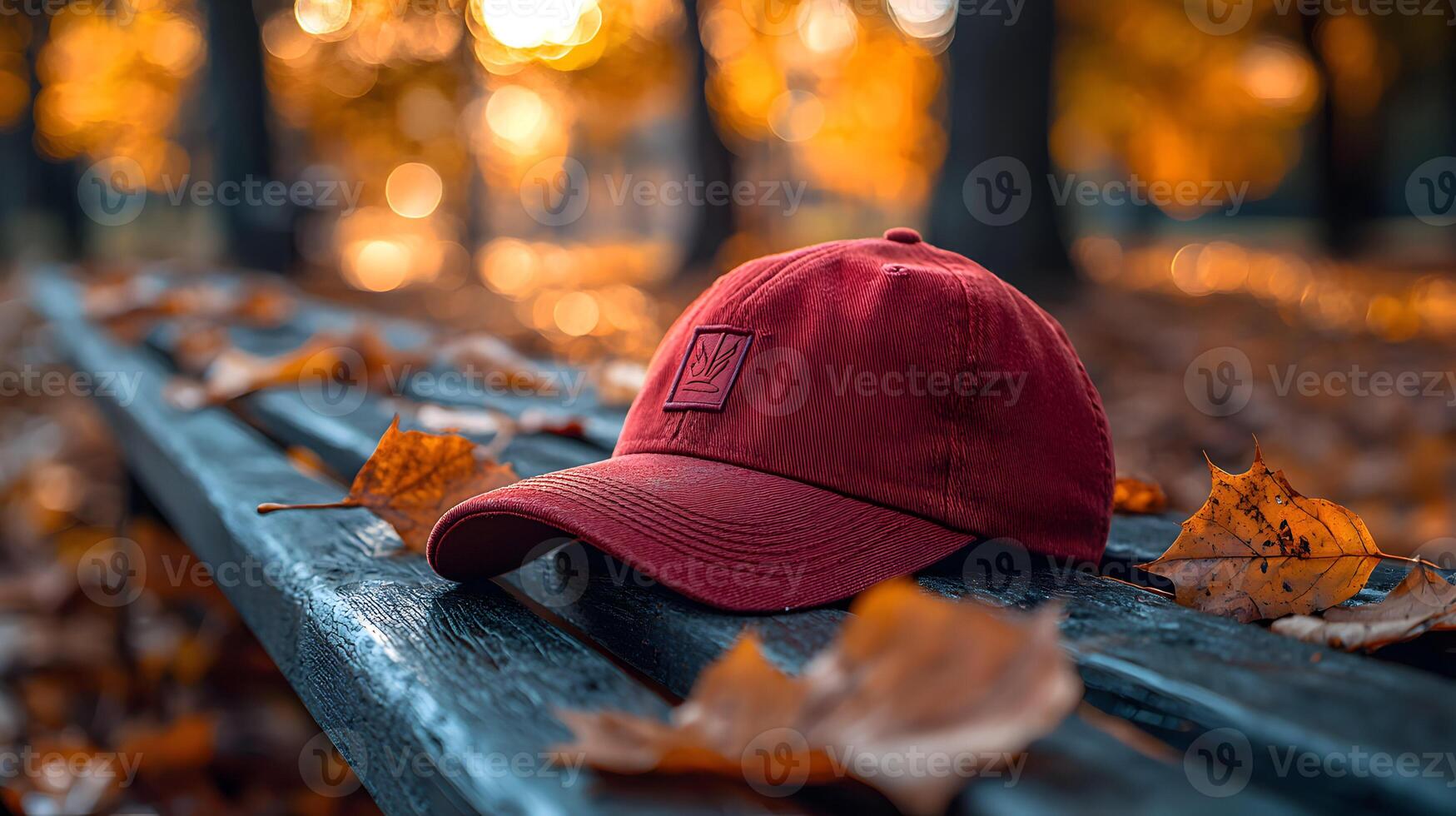 A red baseball cap sits on a bench in the autumn photo