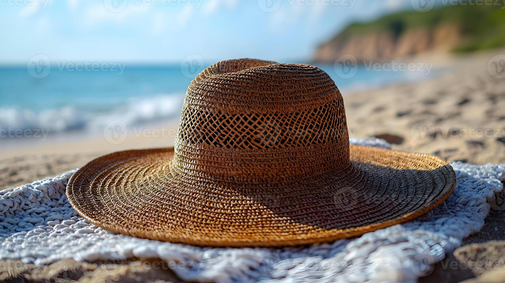 A straw hat on a beach towel photo