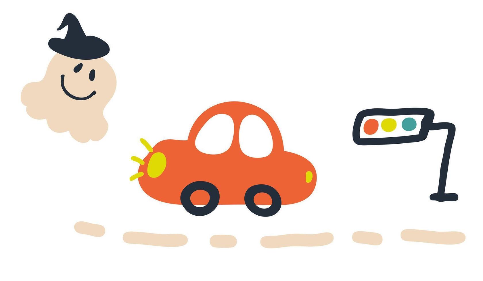 Hand drawn Halloween illustration of a car met a ghost in the wizard's hat. Perfect for banner, cover, label, card, sale. vector