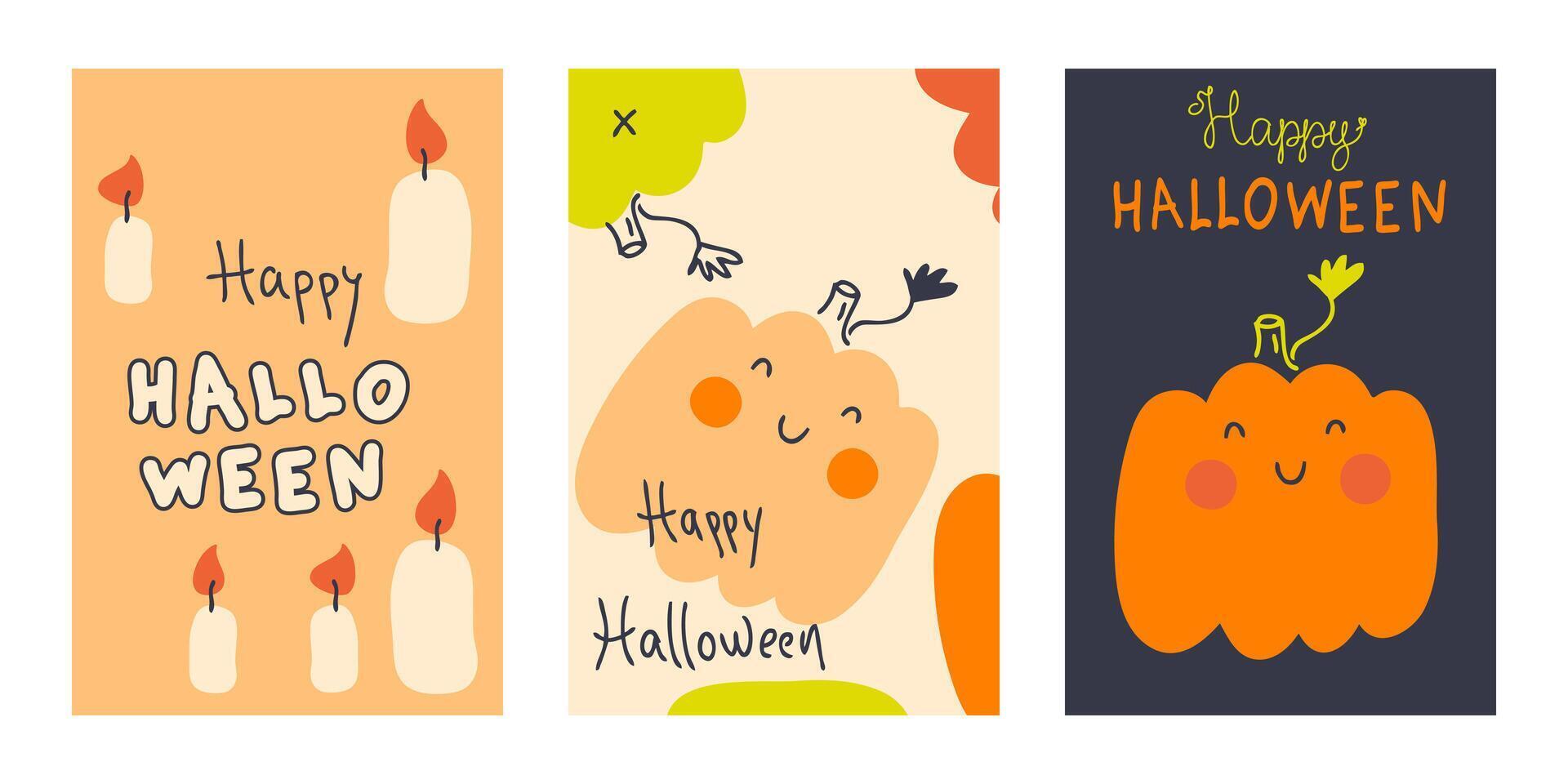 Flat style Halloween poster collection with funny pumpkins. Perfect template for card, flyer, banner, label, sale. Hand drawn illustration. vector
