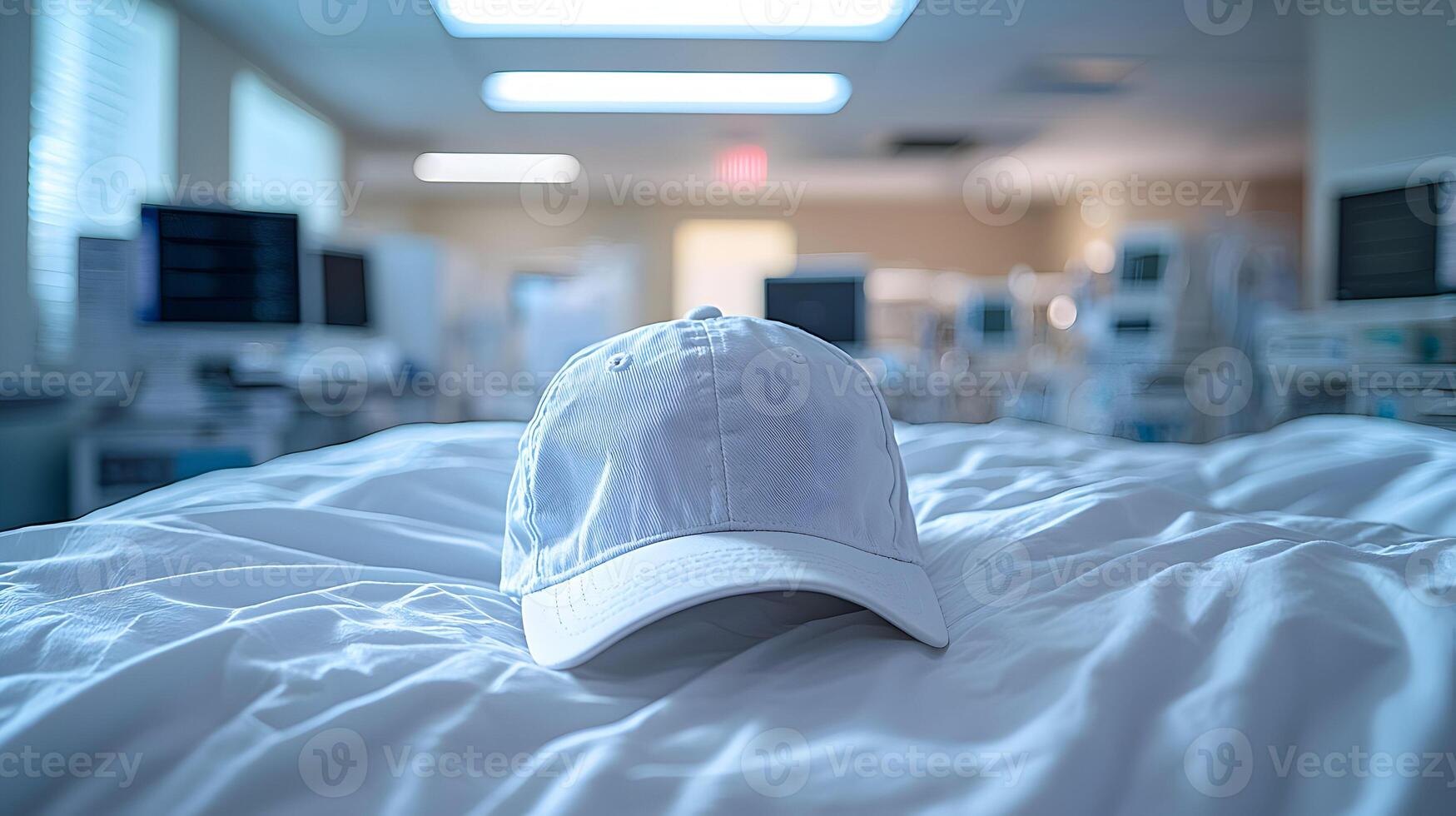 White cap on a bed photo