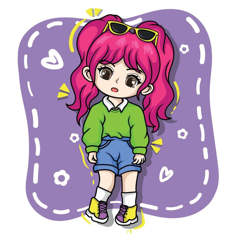 Cute little girl with pink hair and sunglasses illustration. vector