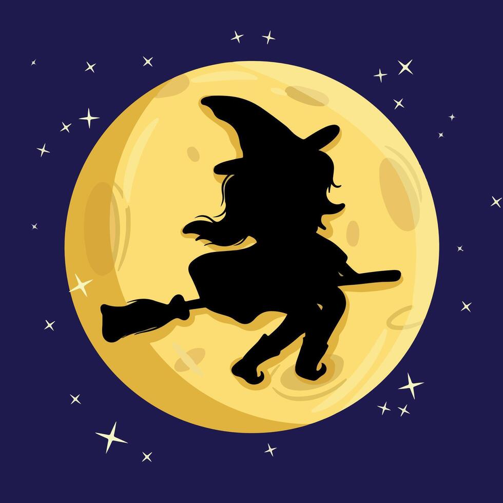 illustration art witch flying on a broomstick on the background of the moon vector